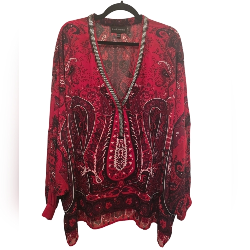 Lane Bryant 22/24 Beaded Red Paisley Dolman Sleeve Chiffon Blouse